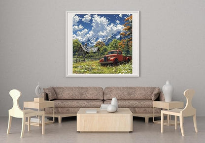 DIY Counted Stamped Cross Stitch Kits for Adults 14 Count Cross Stitch Patterns Printed Cross Stitch Kits for Adults (Mountain Car)