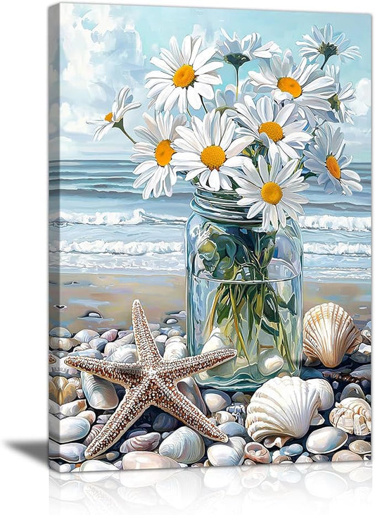 WENGTIAO Blue Beach Bunch of Flowers Canvas Wall Art Ocean Stones Paintings White Flowers in Full Bloom Wall Picture Canvas Print Artwork Wall Decor for Dining Office Living Room Bedroom 16"x24"