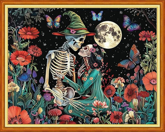 Foxhool Stamped Cross Stitch Kits,11CT Printed Cross Stitch Pattern Full Embroidery Kits for Beginner Needlepoint Kits-Moon Skeleton Couple 16x20 inch