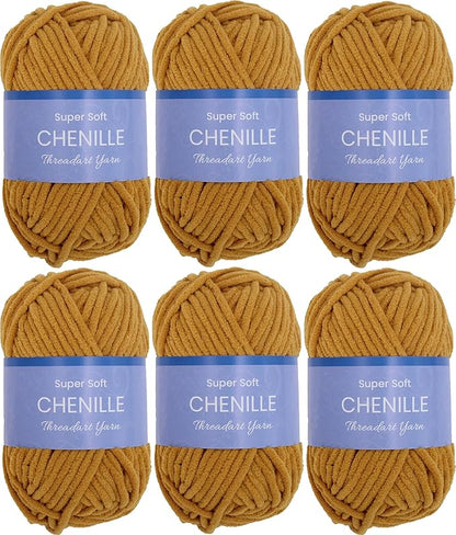 6 Pack ThreadArt Chenille Yarn for Crocheting, Knitting, Amigurumi, Super Soft Plush Velvet Yarn - 50 Gram 60 yds #5 Fluffy Yarn Skeins - Mustard 13