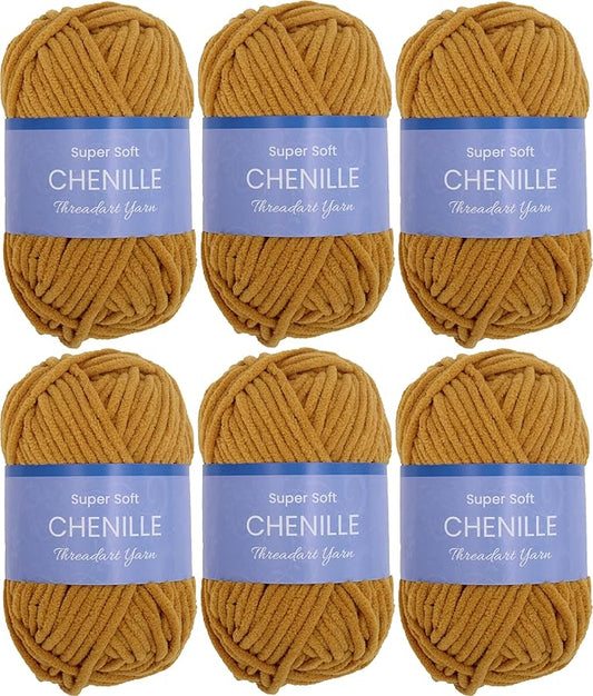 6 Pack ThreadArt Chenille Yarn for Crocheting, Knitting, Amigurumi, Super Soft Plush Velvet Yarn - 50 Gram 60 yds #5 Fluffy Yarn Skeins - Mustard 13