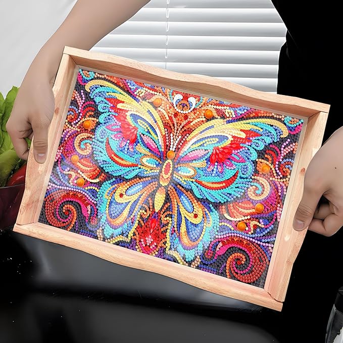 Generic FGbaby DIY 5D Colorful Butterfly Diamond Painting Wood Serving Tray with Handles Diamond Art Decorative Serving Trays Wooden Tray for Breakfast in Bed, Patio, BBQ, Coffee Table, Party