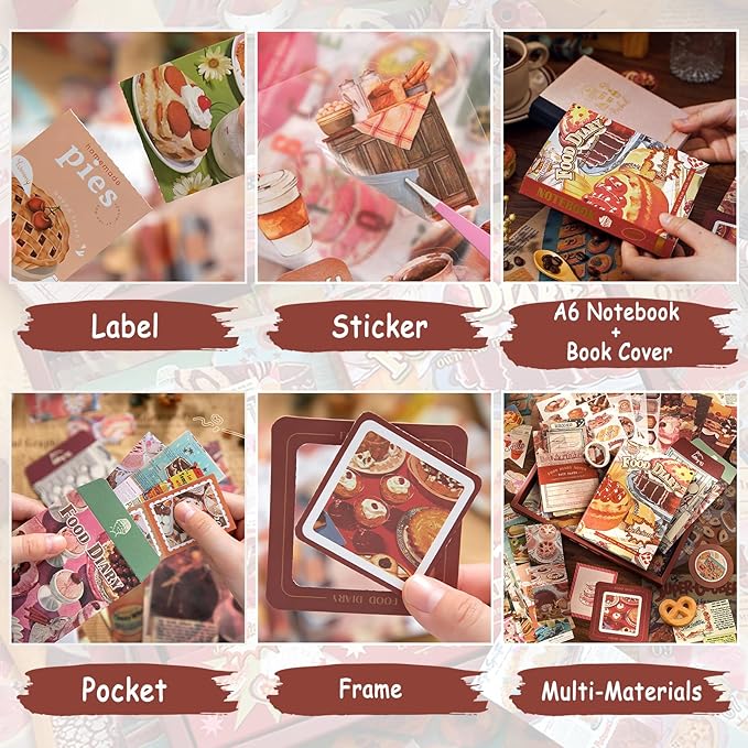 Draupnir Vintage Aesthetic Scrapbook Kit, Bullet Junk Journal Kit with Journaling/Scrapbooking Supplies, Stationery, A6 Grid Notebook Graph Ruled Pages, DIY Gift for Women