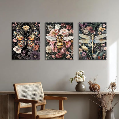 WENGTIAO 3Pcs Vintage Insect Canvas Wall Art Gothic Dark Flower Prints Bee Butterfly Dragonfly Pictures Nature Plant Paintings Artwork for Living Room Bathroom Bedroom 12x16x3