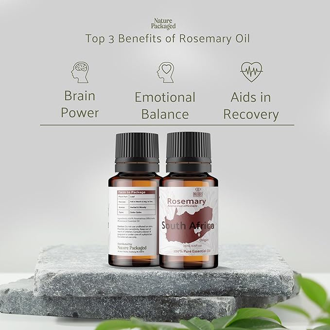 Nature Packaged Rosemary Essential Oil - Direct from Qobo Qobo South Africa - Steam Distilled - Aceite Esencial de Romero for Aromatherapy, Massage, Diffuser, DIY Candle and Soap Making - 15ml