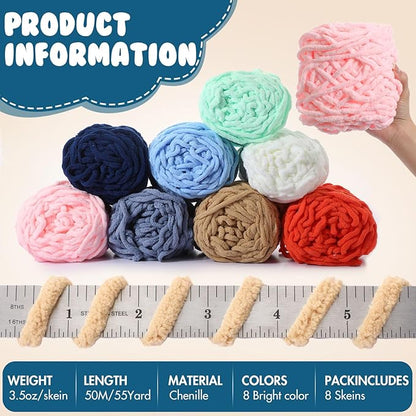 Buryeah 8 Pack Chunky Chenille Yarn for Crocheting Soft Thick Fluffy Yarn for Hand Knitting Bulky Velvet Blanket Plush for Weaving DIY Crafts Each 3.5 oz 55 Yards(Multicolor)