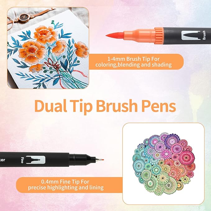 Peablce Art Markers Brush Pen, Markers for Adult Coloring Books No Bleeding,32 Colored Pens Fine Point Highlighter Pen & Brush for Adult Coloring Journaling Note Taking Planner