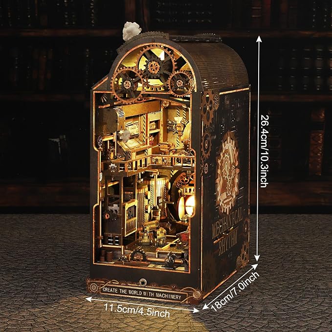 Foyucool DIY Book Nook Kit, Miniature Bookshelf Decor with LED Lights, Laser-Cut Wooden Craft Set for Adults, Creative Gift for Christmas, Birthday, Mechanical World