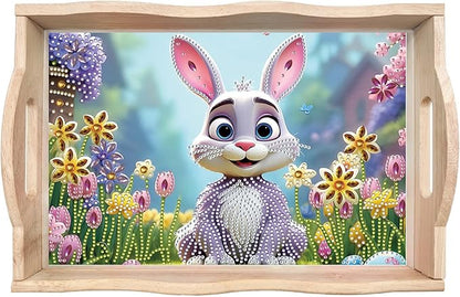 DIY Diamond Art Wooden Tray Kit, Food Tray with Handle Diamond Painted Table Decoration Tray, for Breakfast, Bar Dinner Table Diamond Dots Gem Painting Art Set for Beginners-#39-Easter Bunny