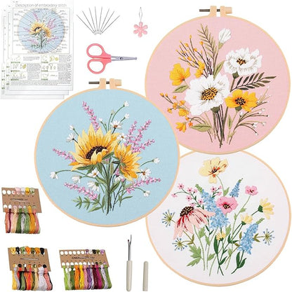 Ohcol 3 Sets Embroidery Kit,Cross Stitch Kits Needlepoint Kits for Adults Beginner,Needle Point Kits with Washable Pre-Printed Floral Pattern,Hoops,Women DIY Hand Crafts