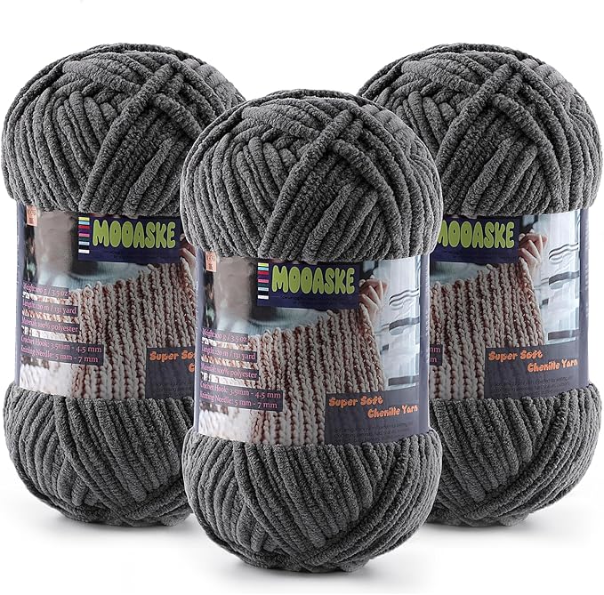 Baby Blanket Yarn for Crocheting - Soft Velvet Fluffy Chenille Yarn for Knitting Amigurumi Making Scarves, Doll - 100g/3.5oz 131 Yards Thick Plush Yarns (3, Dark Gray)