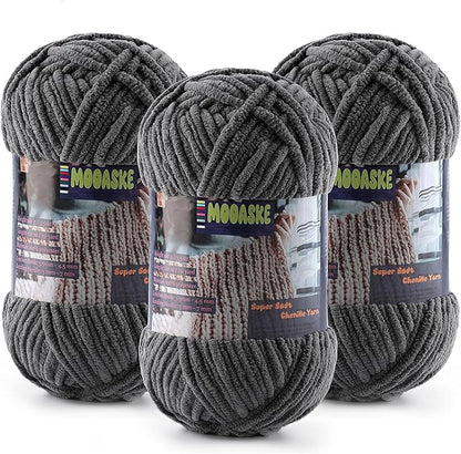 Baby Blanket Yarn for Crocheting - Soft Velvet Fluffy Chenille Yarn for Knitting Amigurumi Making Scarves, Doll - 100g/3.5oz 131 Yards Thick Plush Yarns (3, Dark Gray)