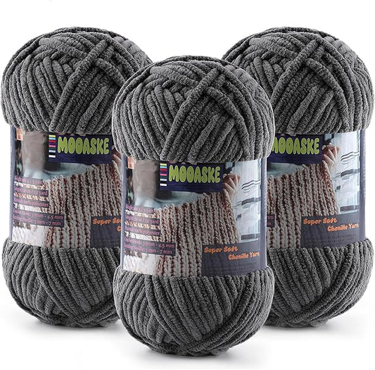 Baby Blanket Yarn for Crocheting - Soft Velvet Fluffy Chenille Yarn for Knitting Amigurumi Making Scarves, Doll - 100g/3.5oz 131 Yards Thick Plush Yarns (3, Dark Gray)