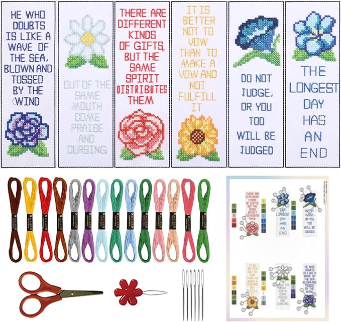 ORIGACH 6 Set Cross Stitch Bookmark Kit for Beginner Flower and Bible Verse Pattern DIY Stamped Embroidery Bookmark Kit with 19 Colors Embroidery Floss Instructions 8''x2.4''