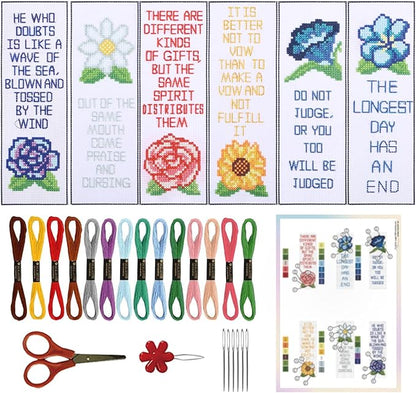 ORIGACH 6 Set Cross Stitch Bookmark Kit for Beginner Flower and Bible Verse Pattern DIY Stamped Embroidery Bookmark Kit with 19 Colors Embroidery Floss Instructions 8''x2.4''