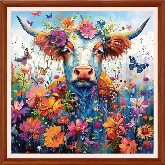 Foxhool Stamped Cross Stitch Kits,11CT Printed Cross Stitch Pattern Full Embroidery Kits for Beginner Needlepoint Kits&Cattle Rainbow Flowers 18x18 inchs