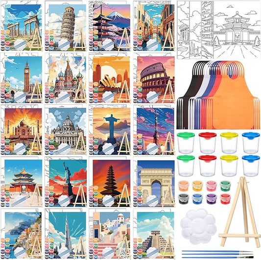 Sherr 140 Pcs 20 Set Pre Drawn Canvas Kit for Painting Craft Sip and Paint Kit for Adults Pre Printed Canvas Painting Favor for Virtual DIY Birthday Gifts Adult's Date Party(Landmarks)
