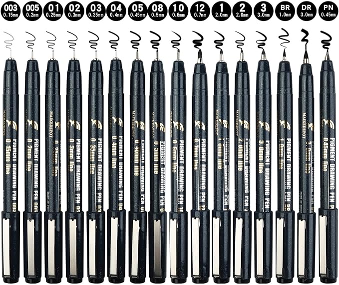 MAIKEDEPOT Micro Fineliner Drawing Art Pens Calligraphy Pens for Artist Drawing Supplies, 16 Set Waterproof Black Ink Pens for Sketching,Outline,Stippling