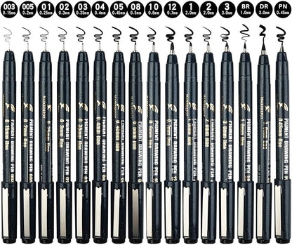 MAIKEDEPOT Micro Fineliner Drawing Art Pens Calligraphy Pens for Artist Drawing Supplies, 16 Set Waterproof Black Ink Pens for Sketching,Outline,Stippling