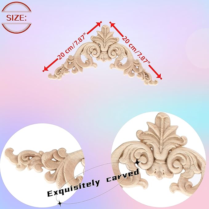 4PCS Corner Wooden Carving Decal Unpainted Wood Appliques Onlays DIY Wood Carved Furniture Appliques Onlays for Wall Bed Door Wardrobe Cabinet Furniture Decoration(02,20x20cm/7.87x7.87inch)