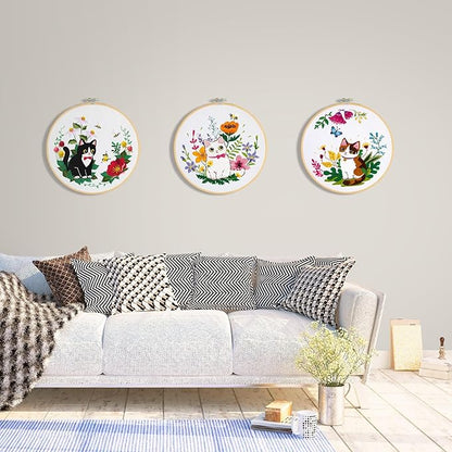 ZWZRAFT Embroidery Kit for Beginners, 4 Sets Cat Embroidery Kits, Needle Point Kits for Adults Beginner, with Full Package Sewing Supplies and Detailed Easy-to-Follow Instructions