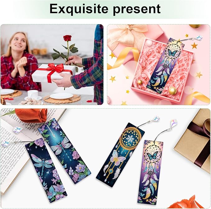 4 Pack Diamond Painting Bookmarks, 5D Dreamcatcher Butterfly Dragonfly Diamond Art Bookmark Kit with Tassels, DIY Beaded Rhinestone Book Mark Craft for Adults Beginners Reading Gift