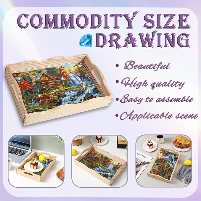 EWJRNSF Diamond Art Kits for Adults Wooden Serving Trays with Handles, 5D Diamond Painting Big Gem Arts and Craft Gifts Trays Decor Gift Home Decor 7.8x11.8 Inches Landscape A