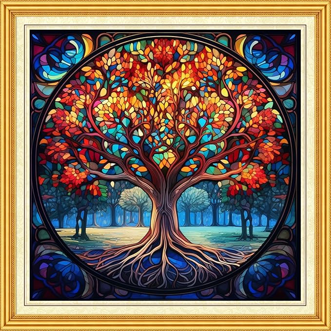 DMCVIVR Stamped Cross Stitch Kits for Beginners Adults Needlepoint Kits for Beginners Embroidery Kits for Adults Crossstitch Kit for Beginners 11CT-Colorful Life Tree 18x18 inch