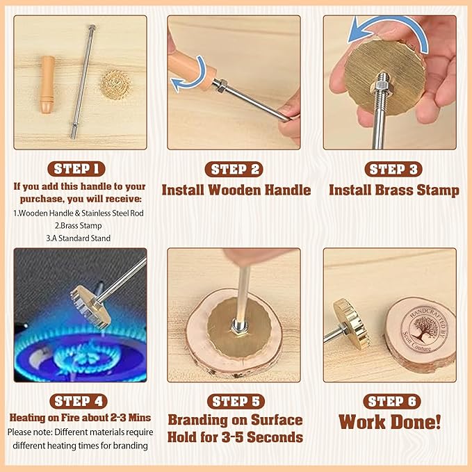 Terwex Custom Branding Iron for Wood, Personalized Logo Branding Iron with Your Text Unique Design, Durable Metal Wood Burning Stamp for Leather Food, Wedding & Handmade Lover Gifts (Brass Stamp Head)
