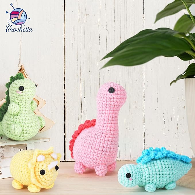 Crochet Kit for Beginners, Beginner Crochet Kit for Adults with Step-by-Step Video Tutorials, DIY Crochet Animal Kits Knitting Supplies, 4 Pack Dinosaurs (40%+ Yarn)