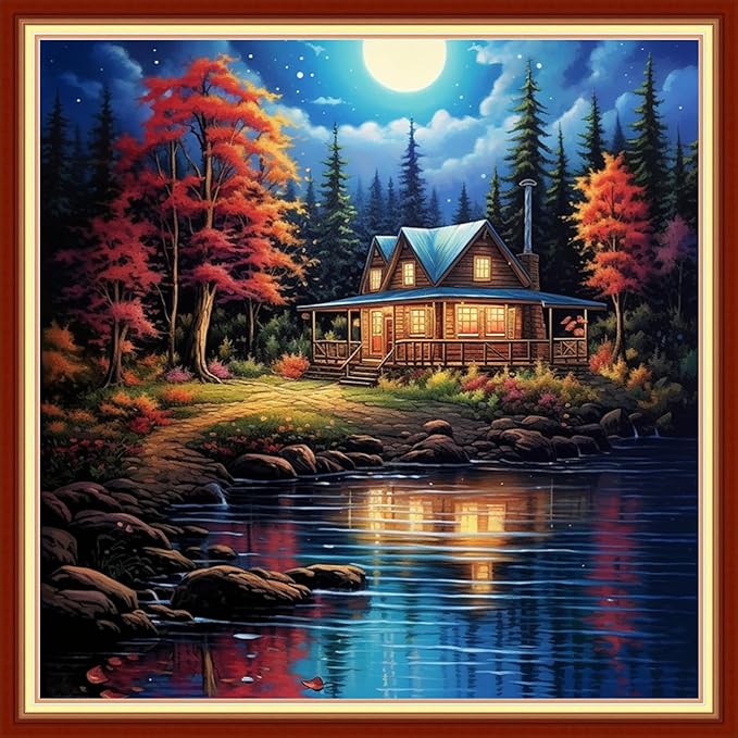 Dimensean Stamped Cross Stitch Kits Full Range of Embroidery Patterns Starter Kits for Beginners Adult DIY Cross Stitches Needlepoint Kits 11CT-Night View by The Lake 18x18 inch