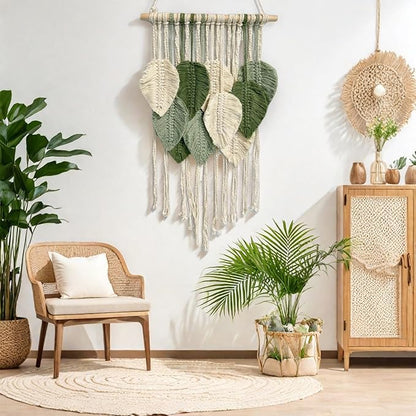 Macrame Wall Hanging Boho Wall Tapestry Handmade Woven Leaf Wall Decor Crochet Wall Art for Home Office Apartment (Green, 15.8" W X 31.5" L)