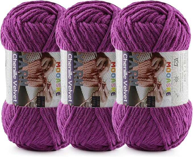 3 * 100g Chunky Yarn for Crocheting and Knitting - Easy to Use Plush Chenille Super Bulky Yarn 393yds - Ultra Soft Velvet Baby Blanket Yarn for Beginners & Amigurumi Projects, Violet
