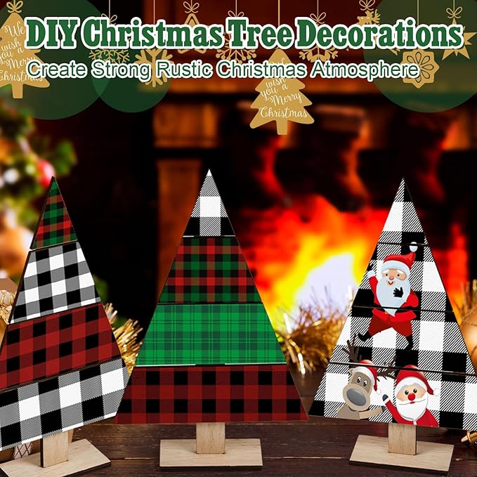 Soaoo 8 Pcs Christmas Standing Wood Pallet 11.81" x 7.48" Christmas Tree Unfinished DIY Wooden Ornaments Kit Rustic Wooden Crafts 12 Colors Pigment Palettes and Paint Brushes