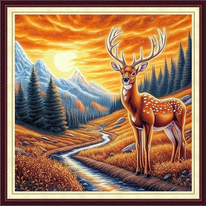 DMCCRAFT Stamped Cross Stitch Kits for Adults 11CT Printed Cross-Stitch Patterns Embroidery Kits Easy Cross Stitching Needlepoint Kits&Deer Sunrise 18x18 inch