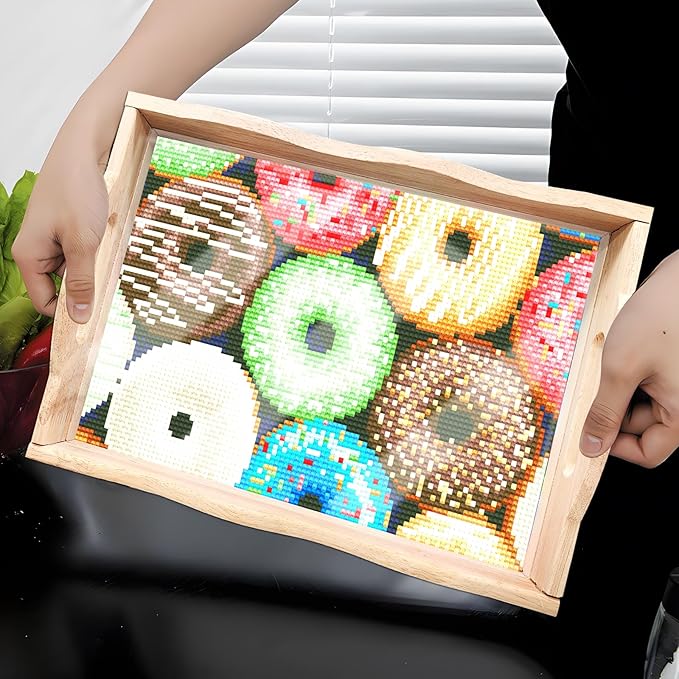 FGbaby DIY 5D Donut Diamond Painting Wood Serving Tray with Handles Diamond Art Decorative Serving Trays Wooden Tray for Breakfast in Bed, Patio, BBQ, Coffee Table, Party –Great for Lap & Couch