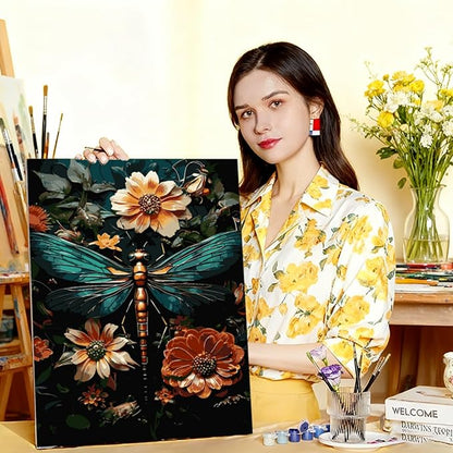Dragonfly Paint By Numbers Kit For Adults Beginner Cabin Adult Paint By Number Kits On Canvas Dragonfly Flower Oil Painting Kit For Beginners Adults For Gift Home Wall Decor 16x20 Inch（Without Frame）