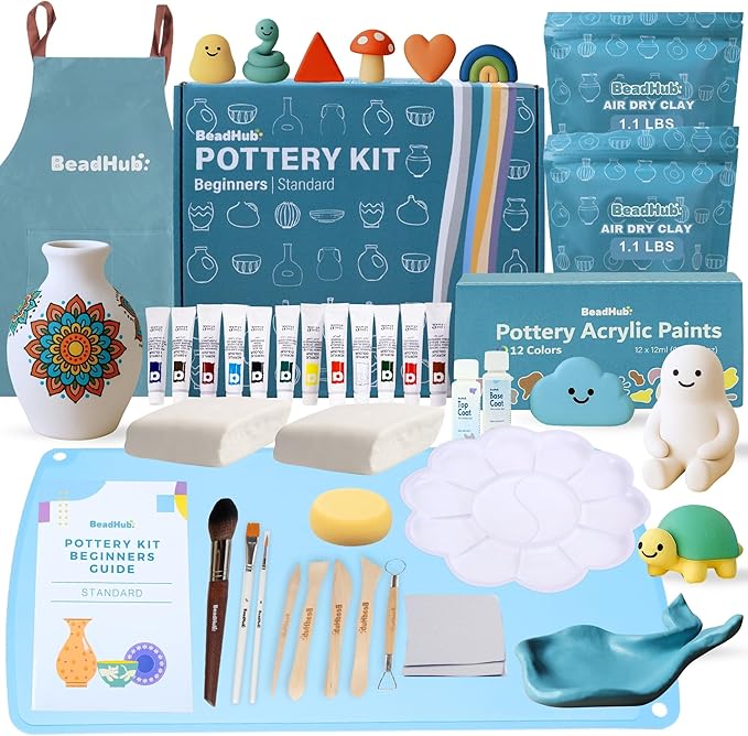 Pottery Kit for Beginners 2.2Lbs Air Dry Clay for Adults with Sculpting Tools, Paint, Glaze, Air-Dry Modeling Clay Molding, Sculpt & Painting Set, Hobby Date Night DIY Art Craft Kits -Standard (White)