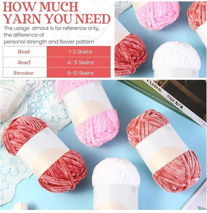 Xinnun 12 Skeins 1116 Yards Chenille Velvet Soft Thick Plush Yarn Bulk for Crocheting Knitting Blanket DIY Weaving Craft, 6mm, 3.5 Oz/Skein(Pink Series)