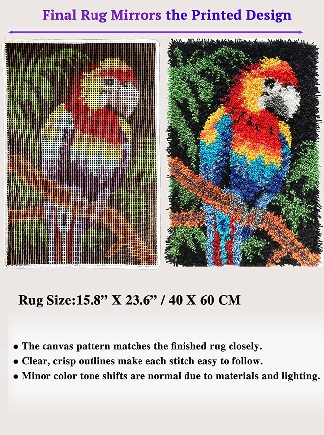 KitsMaster Bright Macaw Latch Hook Kit – Pre-Printed Canvas, Color-Coded Yarn, Tropical Décor Craft Kit, Rug Craft for Adults & Beginners, 23.6''x15.8'' (Tropical Parrot)