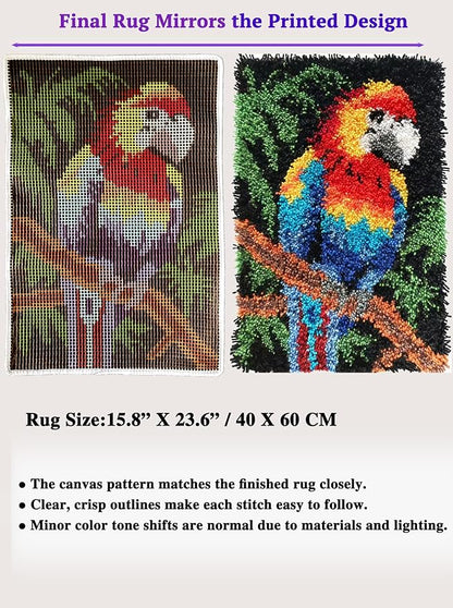 KitsMaster Bright Macaw Latch Hook Kit – Pre-Printed Canvas, Color-Coded Yarn, Tropical Décor Craft Kit, Rug Craft for Adults & Beginners, 23.6''x15.8'' (Tropical Parrot)