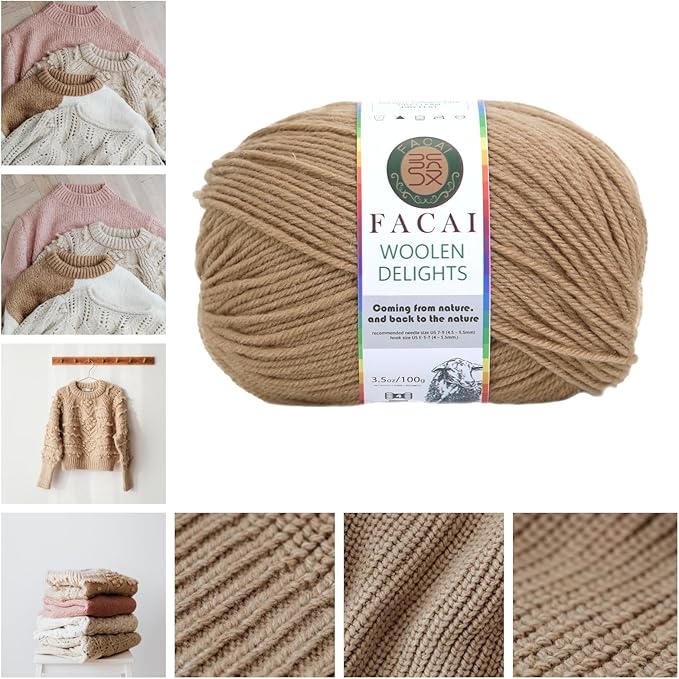 Facai Blend Merino Wool Yarn for Knitting - Worsted Weight,197yds (3.5oz) Ball, Ideal for Sweaters, Scarves, and Accessories (3, Khaki)