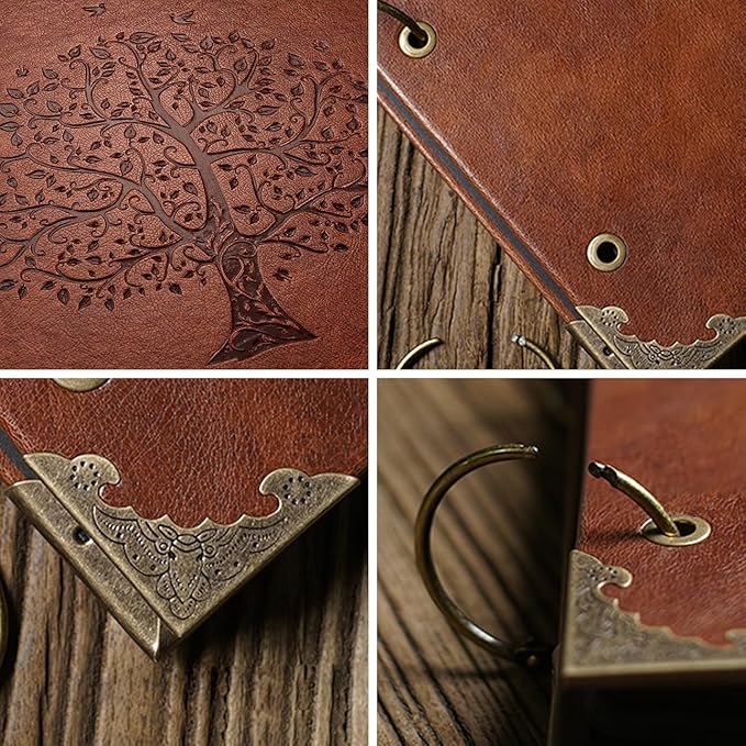 ADVcer Photo Album Scrapbook, 12x12 inch 50 Pages Vintage Leather Cover Big Three-Ring Binder Family Picture Booth DIY Scrapbooking Albums with 408pcs Self Adhesive Photos Corner for Memory Keep, Tree