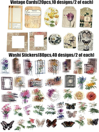 Esweny 260PCS Vintage Journaling Scrapbooking Supplies Scrapbook Sticker Paper Ephemera Pack for Junk Journal Planners Collage Craft Notebooks Album (Flowers and Butterflies)