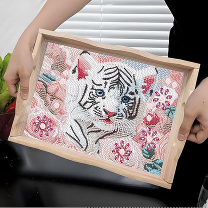 DIY Diamond Art Wooden Tray Kit, Food Tray with Handle Diamond Painted Table Decoration Tray, for Breakfast, Bar Dinner Table Diamond Dots Gem Painting Art Set for Beginners (#05-Tiger)