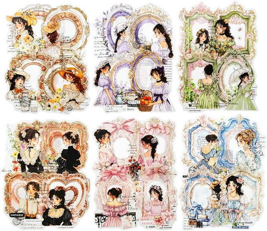 AuriicLeaf French Vintage Girl PET Sticker Set, 60PCS Scrapbook Supplies for Journaling, Planners, DIY Crafts and Gifts