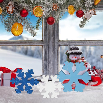 Bucherry 3 Pcs Winter Wooden Snowflake Decor Rustic Winter Snowflake Table Signs Wonderland Wood Blocks Farmhouse Christmas Tiered Tray Decorations for Xmas Table Shelf(Retro Colors)