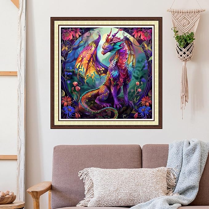 Joycasa Stamped Cross Stitch Kits for Beginners Full Range of Cross Stitching 11 CT Printed Cross Stitch Kit for Adults Cross-Stitch Patterns Needlepoint Kits-Flower Dragon 18x18 inchs