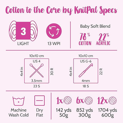 Cotton to The Core Cotton Yarn for Crocheting, 6-Pack (852 Yds / 300G), Free Patterns, Beginners Friendly - Soft Baby Yarn for Knitting - 3 DK Light Worsted Weight - Watermelon Red