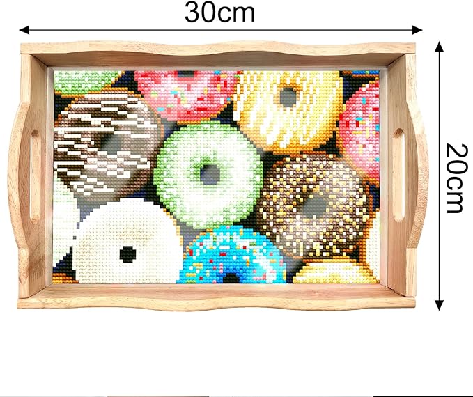 DIY Art Painting Wooden Tray Kit, Food Tray with Handle Diamond Painted Table Decoration Tray, for Breakfast, Bar Dinner Table Diamond Dots Gem Painting Art Set for Beginners (#32-Doughnut)